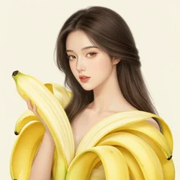 the portrait of an absurdly beautiful, graceful, elegant, and wise young woman made of bananas and petals, an ultrafine detailed illustration by kim jung gi, irakli nadar, intricate linework, bright colors, octopath traveler, final fantasy, angular, unreal engine 5 highly rendered, global illumination, radiant light, detailed and intricate environment