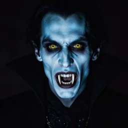 portrait of nosferatu the vampire, long fangs, pale blue skin, yellow eyes, photograph, realistic, volumetric light, creepy, scary, grim mouth, dark background, by marco mazzoni and john atkinson grimshaw