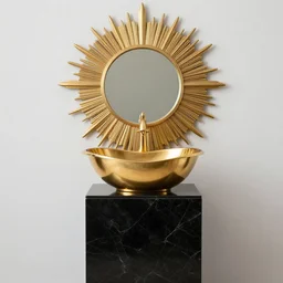 gold sink designed by zaha hadid, atop a black onyx stand. Behind it is a gold sunburst mirror.