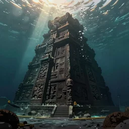 low wide shot, street view, submerged pre - incan temple, carvings, dark, grenada underwater sculpture park, bubbles, abyss, stylized, anime style mixed with fujifilm, detailed gouache paintings, crepuscular rays, dark, murky, foggy, atmospheric, artstation, cgsociety, octane render, cgi, unreal engine 5, denoise, cinematic masterpiece