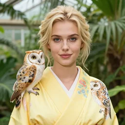 portrait photograph of an extremely beautiful!!!! young blonde female. shallow focus!!!. symmetric face!. round detailed eyes!!, slight smile. natural light. wearing a yellow!!!!!! kimono!! with a very detailed barn owl! on her shoulder in a tropical greenhouse. looking at the camera!!. super resolution. art by alesio albi and alphonse mucha and ilya kuvshinov