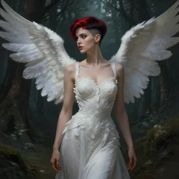 a beautiful cinematic portrait sexy female angel, fantasy forest landscape, fantasy magic, undercut hairstyle, short red black fade hair, dark light night, intricate, elegant, sharp focus, illustration, highly detailed, digital painting, concept art, matte, art by WLOP and Artgerm and Greg Rutkowski and Alphonse Mucha, masterpiece