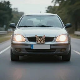 car with cat faces as headlights driving towards camera, cinematic, car chase