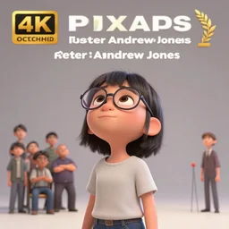 A young girl with glasses looking to the sky, designed by Peter Andrew Jones and Pixar, photorealistic, 3d render, award winning render, unreal engine, octane render, studio lighting, 8k, hd, Dustin Nguyen, Akihiko Yoshida, Greg Tocchini, Greg Rutkowski, Cliff Chiang, PIXAR