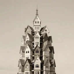 a tower made up of squatter houses with monotone, mamiya, 8 5 mm, f 1. 7, fully frontal view, uniform plain sky, fine details, photographed by ansel adams