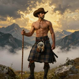 a dramatic epic beautiful painting of a handsome shirtless desi man in the mountains | he is wearing a highland dress plaid kilt and cowboy hat, and holding a walking stick | background is mountains! and clouds | dramatic lighting, golden hour, homoerotic | by mark maggiori and walter crane | trending on artstation