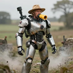 Farmer Oak from Far From the Madding Crowd wearing a mechatronic warsuit, automatic weapons, trending on artstation Cheeseburger inhaler, greasy mist, trending on artstation