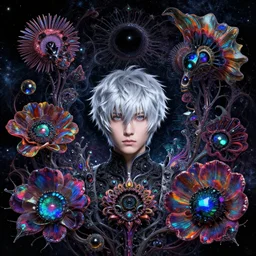 rei ayanami, deep space, seascape, grimes, lain iwakura, silver hair, masterpiece by shikinami asuka langley, ernst haeckel, blackhole, cosmos, psychedelic flowers, black opal, rainbow aura quartz, organic, oni compound artwork, of character, render, artstation, portrait, wizard, beeple, art, fantasy, epcot, psychedelic glitch