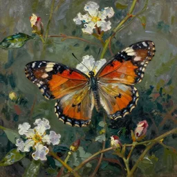 Butterfly from which blooms many vines and blossoms, dramatic light, painted in the style of the old masters, painterly, thick heavy impasto, expressive impressionist style, painted with a palette knife