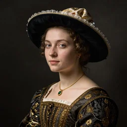 portrait young woman young woman in renaissance dress and hat, art by jan van eyck,