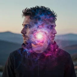 supernova mountain double exposure portrait, artstation, stylized