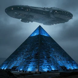 big pyramid with blue glow lights and huge spaceship in sky, fog in background, realistic, 2 0 mm cinematic looking, drama, scary