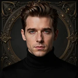 face shot portrait of attractive young rick astley with black turtleneck, by greg rutkowski, by zdzislaw beksinski, very detailed, ornate, intricate, octane render, dark color lighting, volumetric lighting, 8 5 mm