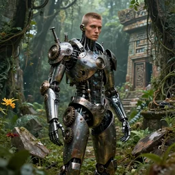 ultrarealistic, cyborg, cyberpunk, gears, steam, future, iamrobot movie, masculine figure, beautiful, soft skin, harsh metal, overgrown forest, rubble, vines, flowers, plant life, jungle, aztec temple, decay, ruins