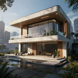 modern mansion from cyberpunk 2 0 7 7 with a view over night city. daylight. sunlight. light fixtures. 8 k. detailed. photorealism. artstation. 2 5 mm f / 1. 7 asph lens. ultra realistic