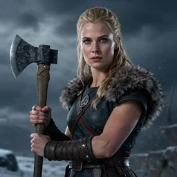 cinematic shot epic portrait an female viking holding an stone axe, winter backround, cloudy, dust, shiny skin, beautiful, fine details. night setting. realistic shaded lighting poster by craig mullism, artgerm, jeremy lipkin and michael garmash, unreal engine, radiant light, detailed and intricate environment, digital art, trending on art station,