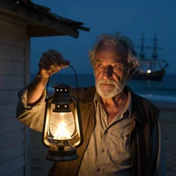 film still of closeup old man holding up lantern by his beach hut at night. pirate ship in the ocean by emmanuel lubezki
