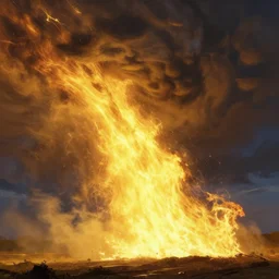 a beautiful hyper realistic detailled matte painting of a fiery torrent of wind overflowing with yellow energy, nightfall, barometric projection, by andreas rocha john howe, and martin johnson heade, featured on artstation, featured on behance, ultrawide angle, f 1 6
