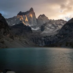 award winning landscape photography, lake in foreground with jagged highland mountains in background, beautiful morning light, dramatic lighting