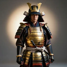 a studio photography of samourai wearing gold and black armor, dramatic backlighting,