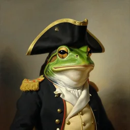 a portrait of a frog wearing a military uniform and a black tricorn, a painting by john trumbull, american romanticism