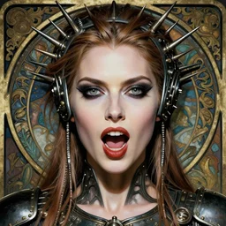 striking sensual industrial art nouveau style portrait of kitty pryde as an extreme metal soldier by glenn fabry, simon bisley and alphonse mucha, photorealism, extremely hyperdetailed, perfect symmetrical facial features, perfect anatomy, ornate declotage, spikes, latex, excited expression, wild eyes