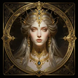 concept art, Gwynevere, The Princess of Sunlight, from Dark Souls, beautiful, frank frazetta, ornate, art nouveau, horizontally symmetrical, gold jewelry, high quality, high contrast, unbiased render, Emil melmoth, eerie, haunting, 8k, octane render, head and shoulders
