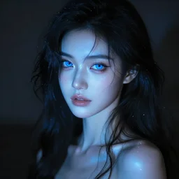 beautiful monster girl, black hair, blue eyes, glowing skin, photorealistic