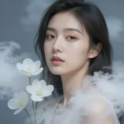 close - up fashion asian woman portrait airy flowers clouds art by vasnetsov