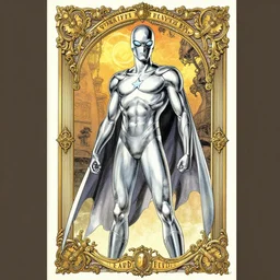 vonklepp movie poster, comic book page, of a silver, silver surfer, album cover, baroque, victorian, by hajime sorayama