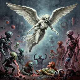 angel of death flying in the sky in the style of peter mohrbacher ; humans being devoured ; aliens, robotic machines, gods, bio - mechanical intelligences, glitch creatures, dmt entity ; lsd art, trending on artstation, style greg rutkowski