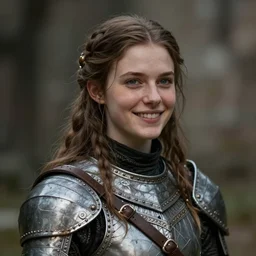 young female medieval crusader, smiling, digital portrait by greg rutkowski, intricate, soft focus, highly detailed, cinematic, epic, artstation