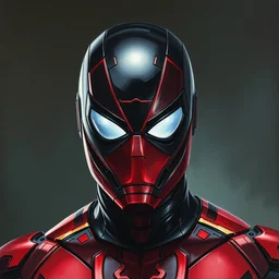 photorealistic, hyperdetailed, oil painting, of a black and red, iron man and spider - man suit hybrid, by greg rutowski