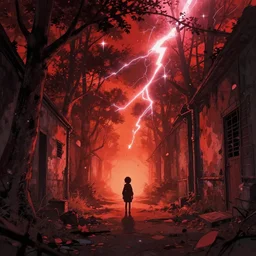 abandoned bloodborne old alley with a kid at the centre, trees and stars background, falling petals, epic red - orange sunlight, perfect lightning, illustration by niko delort,