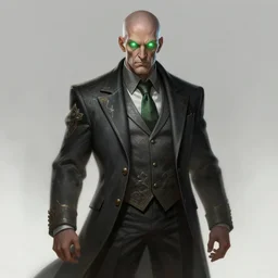 a highly detailed illustration of serious old bald man with glowing green nuclear eyes wearing suit, dramatic standing pose, intricate, elegant, highly detailed, centered, digital painting, artstation, concept art, smooth, sharp focus, league of legends concept art, wlop.