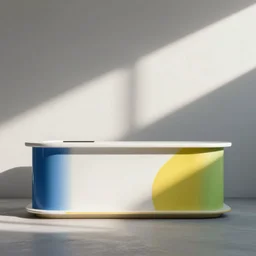 bar in minimalist design, white colour with blue yellow and green elements
