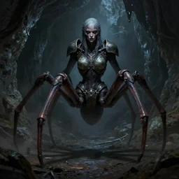 creepy matte painting of an armored female with spider legs in a dark cave, human arms, ultra detailed, monster, half human half spider, human torso and head, human face, spider thorax, creature design, concept art, dnd, dndbeyond, d & d, 8 k, moody lighting, muted colors, blue tone light, dramatic lighting