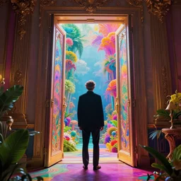 aldous Huxley opening the doors of perception revealing a luxurious paradise, digital visionary art, psychedelic vibrant colors, cinematic, extremely high detail, octane render, post processed,
