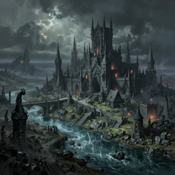 dark elven city in the underdark with a river, cityscape in the style of thomas kinkade