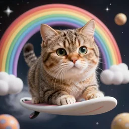 a cute chubby tabby cat surfing on a rainbow in outer space, diffuse lighting, detailed face, fantasy, intricate, surrealism!!!!, highly detailed, lifelike, photorealistic, digital painting, artstation, illustration, concept art, smooth, sharp focus,