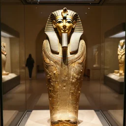 a museum exhibit of the ancient egyptian sarcophagus of superman. high quality photograph