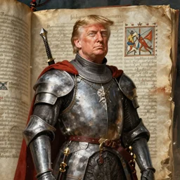 a ancient medieval drawing Donald Trump as a medieval Knight in an medieval manuscript