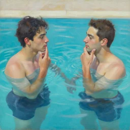 two people thinking of each other in their pool, by ross tran, oil on canvas