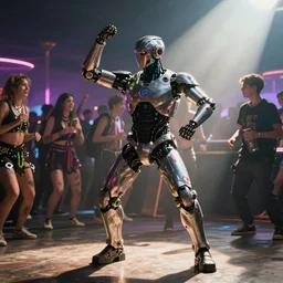 a photo of cyborg dancing in a rave party