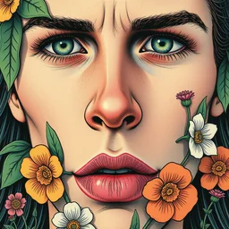 risograph grainy drawing protagonist face, pastel colors, with huge piersing, face covered with plants and flowers, by moebius and satisho kon and dirk dzimirsky close - up portrait, hyperrealistic