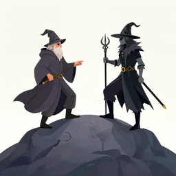 artwork of a wizard versus a warlock on the top of an hill by rebecca guay