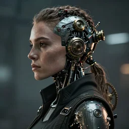 maya hawke as cyberpunk agent, scifi character portrait by greg rutkowski, esuthio, craig mullins, 1 / 4 headshot, cinematic lighting, dystopian scifi gear, gloomy, profile picture, mechanical, half robot, implants, steampunk
