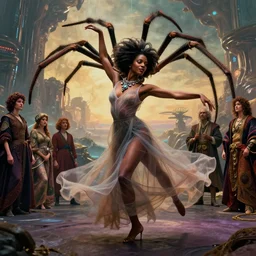 realistic detailed portrait movie shot of a beautiful black woman in a transparent sheer fabric dress dancing with a giant spider, futuristic sci fi landscape background by denis villeneuve, monia merlo, yves tanguy, ernst haeckel, alphonse mucha, max ernst, caravaggio, roger dean, sci fi necklace, masterpiece, dreamy, rich moody colours