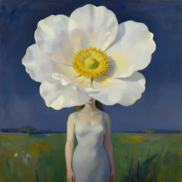 huge flower as head, woman standing in a field, surreal, dramatic light, impressionist painting, digital painting, artstation, georgia o'keeffe