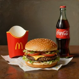 McDonalds BigMac on table, coca cola bottle, Dutch Still Life of the 1600s, oil painting